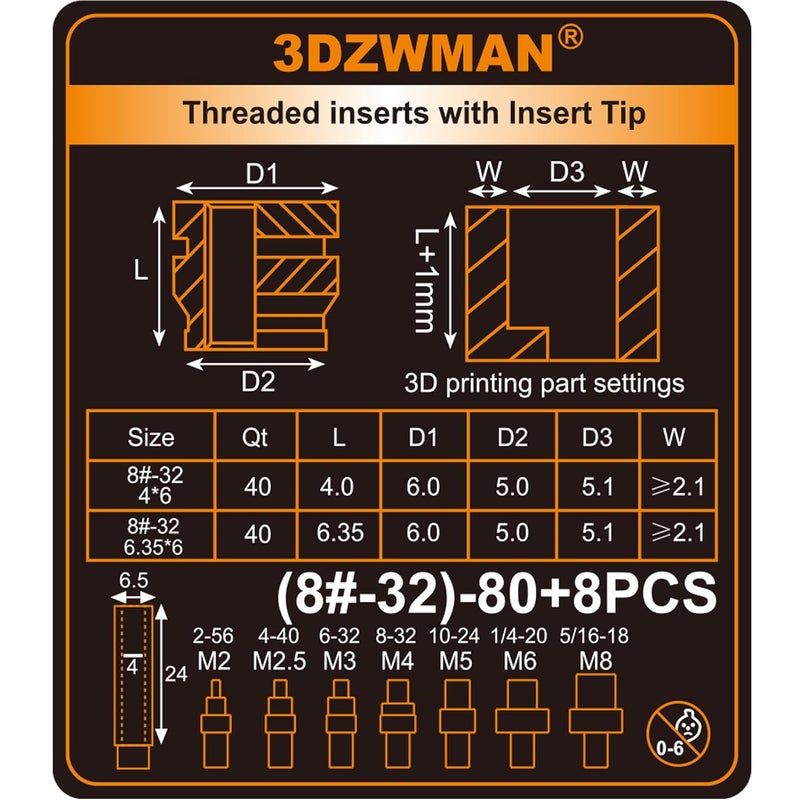 3DZWMAN #8-32 إدخالات ملولبة M2 مع أدوات إدخال حرارية M2-M8، صواميل نحاسية مزخرفة UNC لمكونات الطباعة ثلاثية الأبعاد وأجزاء بلاستيكية (40 قطعة #8-32 * 4 * 6 و 40 قطعة #8-32 * 6.35 * 6) - Image 3